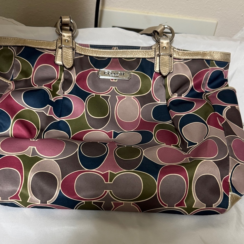 Coach Multicolor Signature Tote in Pink, Olive, Navy & Taupe with Gold Trim